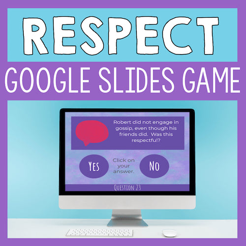 Promotional graphic for a 'Respect' Google Slides game on a computer screen with a blue and purple background.