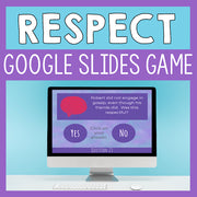 Promotional graphic for a 'Respect' Google Slides game on a computer screen with a blue and purple background.