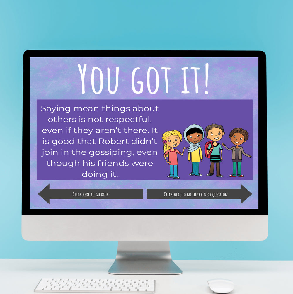 Educational computer screen with a message about respect and friendship on a blue background