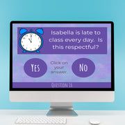Computer screen displaying a question about punctuality with a clock icon and two answer options.