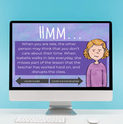 Computer screen displaying an educational lesson about time management and classroom behavior on a blue background.