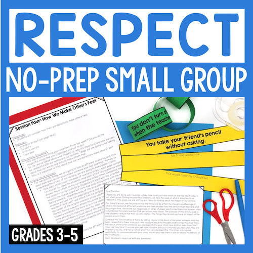 Educational materials with text 'RESPECT NO-PREP SMALL GROUP' and a blue border.