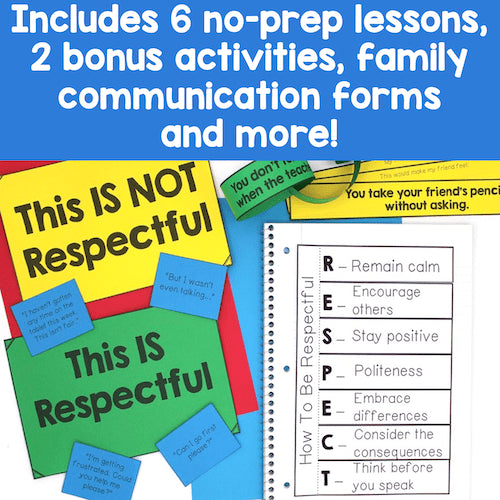 Educational materials on respect with colorful posters and a worksheet.