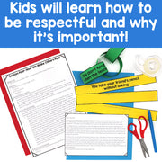 Educational materials with text about respect and classroom rules, featuring scissors and colorful paper.