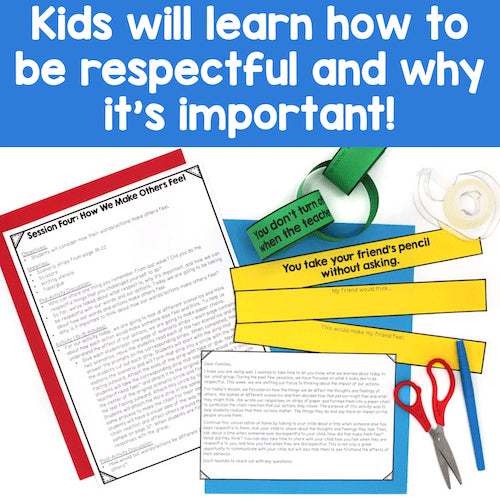 Educational materials with text about respect and classroom rules, featuring scissors and colorful paper.