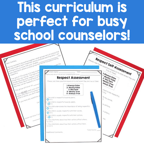 Curriculum materials for school counselors with text 'This curriculum is perfect for busy school counselors!' on a blue background.