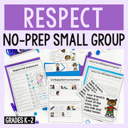 Educational materials for a 'Respect' no-prep small group program with worksheets and activities on a purple background.