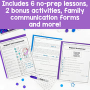 Educational materials with worksheets and a marker on a white background, featuring text about no-prep lessons and bonus activities.