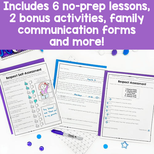Educational materials with worksheets and a marker on a white background, featuring text about no-prep lessons and bonus activities.