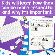 Educational materials on a purple background with text about teaching respect.