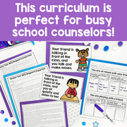Educational materials with character illustrations and text on a purple background, promoting a curriculum for school counselors.
