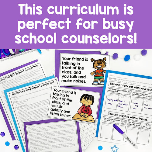 Educational materials with character illustrations and text on a purple background, promoting a curriculum for school counselors.