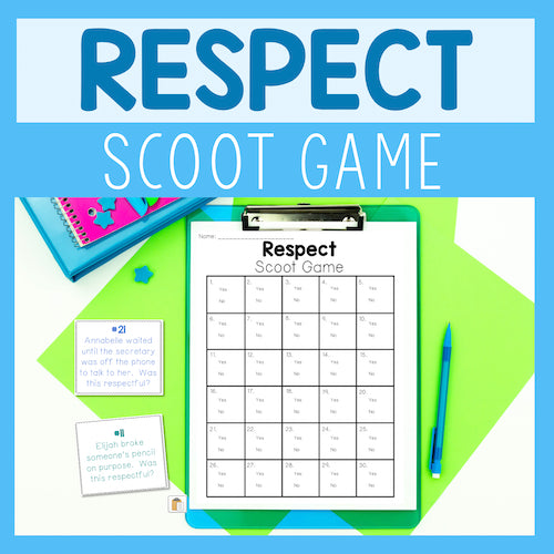 Respect Scoot Game with a clipboard, paper, and pen on a blue background