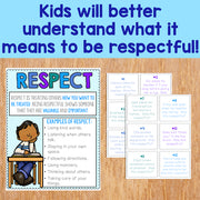 Educational materials on respect with text and illustrations on a wooden surface
