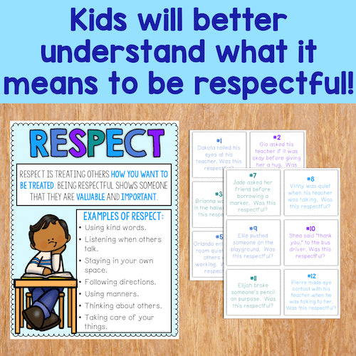 Educational materials on respect with text and illustrations on a wooden surface