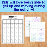 Educational materials for a 'Respect Scoot Game' on a wooden surface with text about kids enjoying movement during activities.