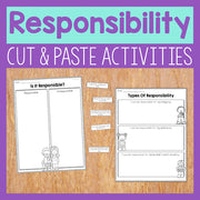 Educational materials for responsibility cut and paste activities on a wooden surface with a purple border.