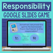 Laptop displaying a Google Slides game about responsibility with a blue brick wall background.