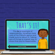 Laptop screen displaying an educational program with a child character and text on a blue background.