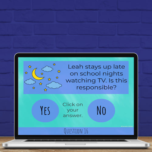 Laptop screen displaying a question about staying up late on school nights with a blue brick wall background.
