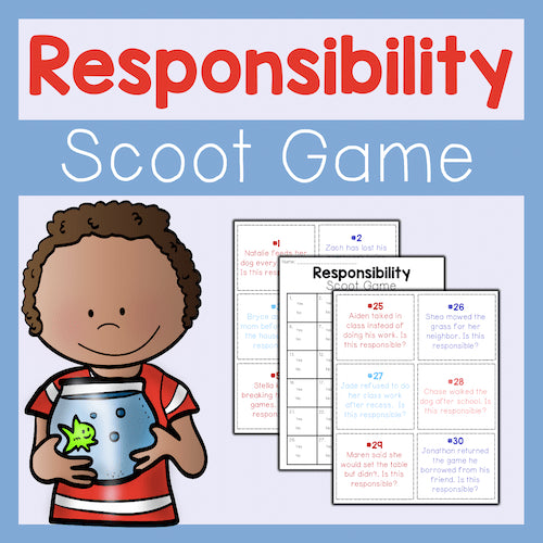 Responsibility Scoot Game with a child holding a fishbowl on a blue background