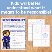 Educational materials on responsibility with text and illustrations on a wooden surface.