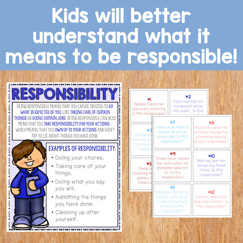 Educational materials on responsibility with text and illustrations on a wooden surface.