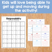Responsibility Scoot Game on a wooden surface with text about kids loving movement during activities.