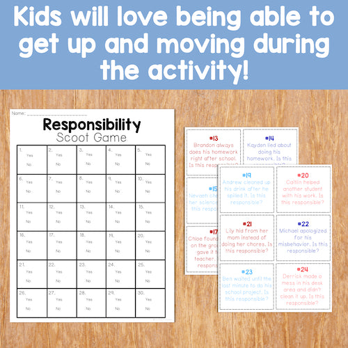 Responsibility Scoot Game on a wooden surface with text about kids loving movement during activities.