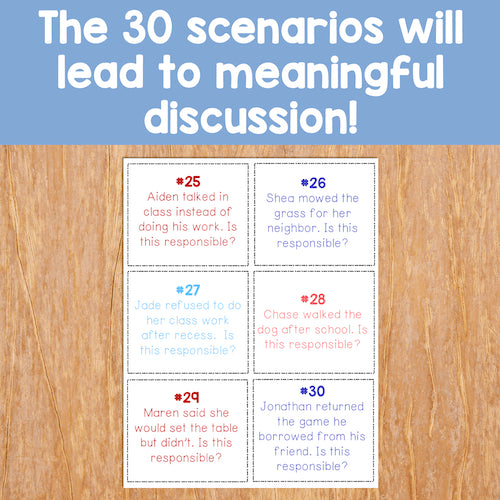 Educational cards on a wooden surface with text about scenarios leading to discussion.