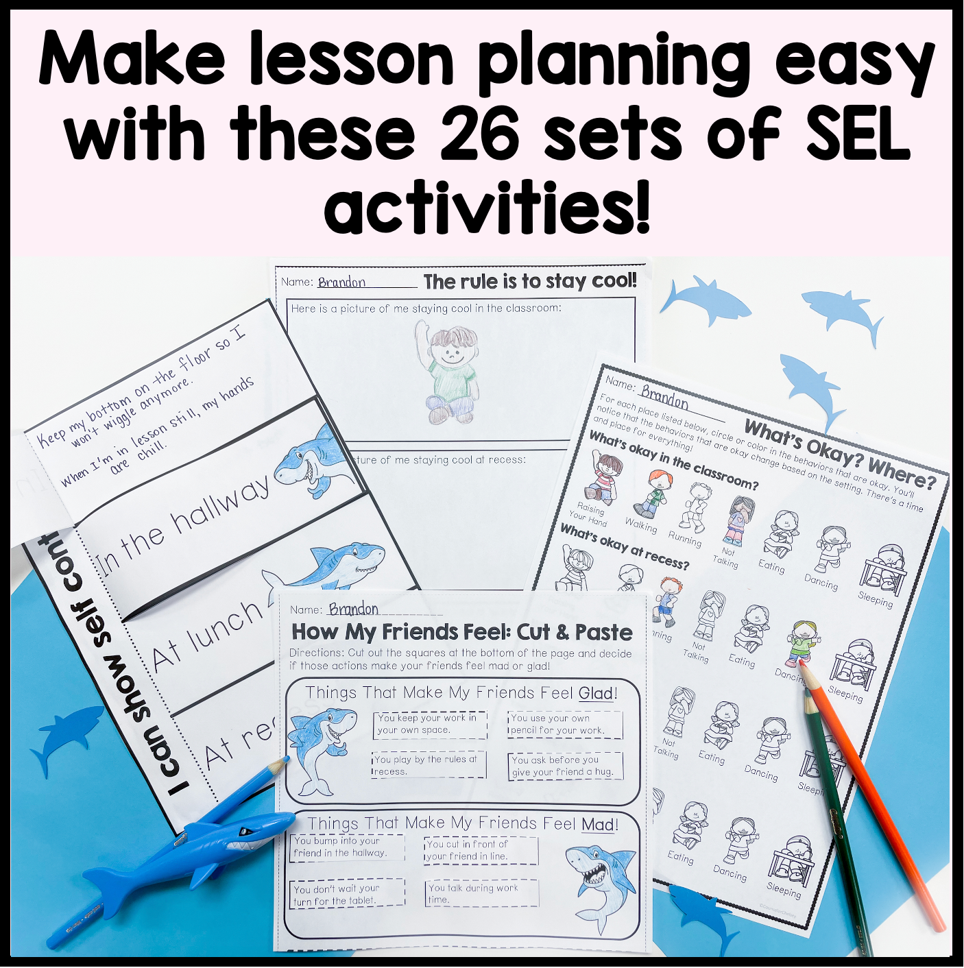  SEL activities with shark-themed worksheets on a blue background
