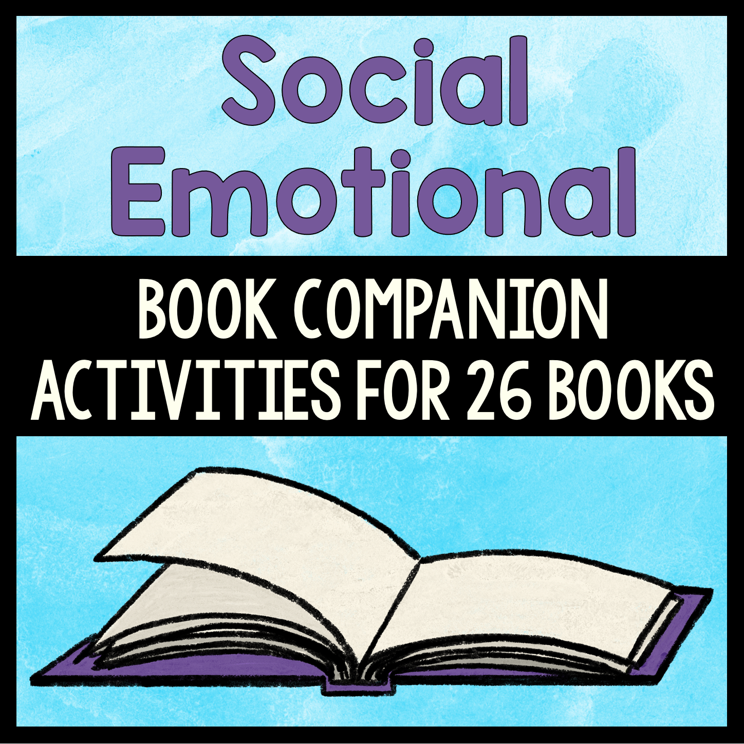 Promotional graphic for social emotional book companion activities with an open book illustration on a blue background.