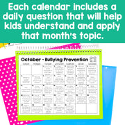 Calendar with daily questions on bullying prevention for October, surrounded by colorful borders.