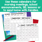 Three educational calendars for different months on a green background with text about their uses.