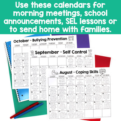 Three educational calendars for different months on a green background with text about their uses.