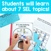 Educational materials on bullying prevention with cut-and-paste activity and text about 7 SEL topics.