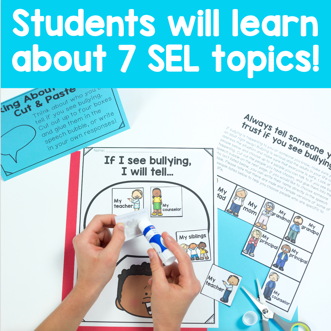 Educational materials on bullying prevention with cut-and-paste activity and text about 7 SEL topics.