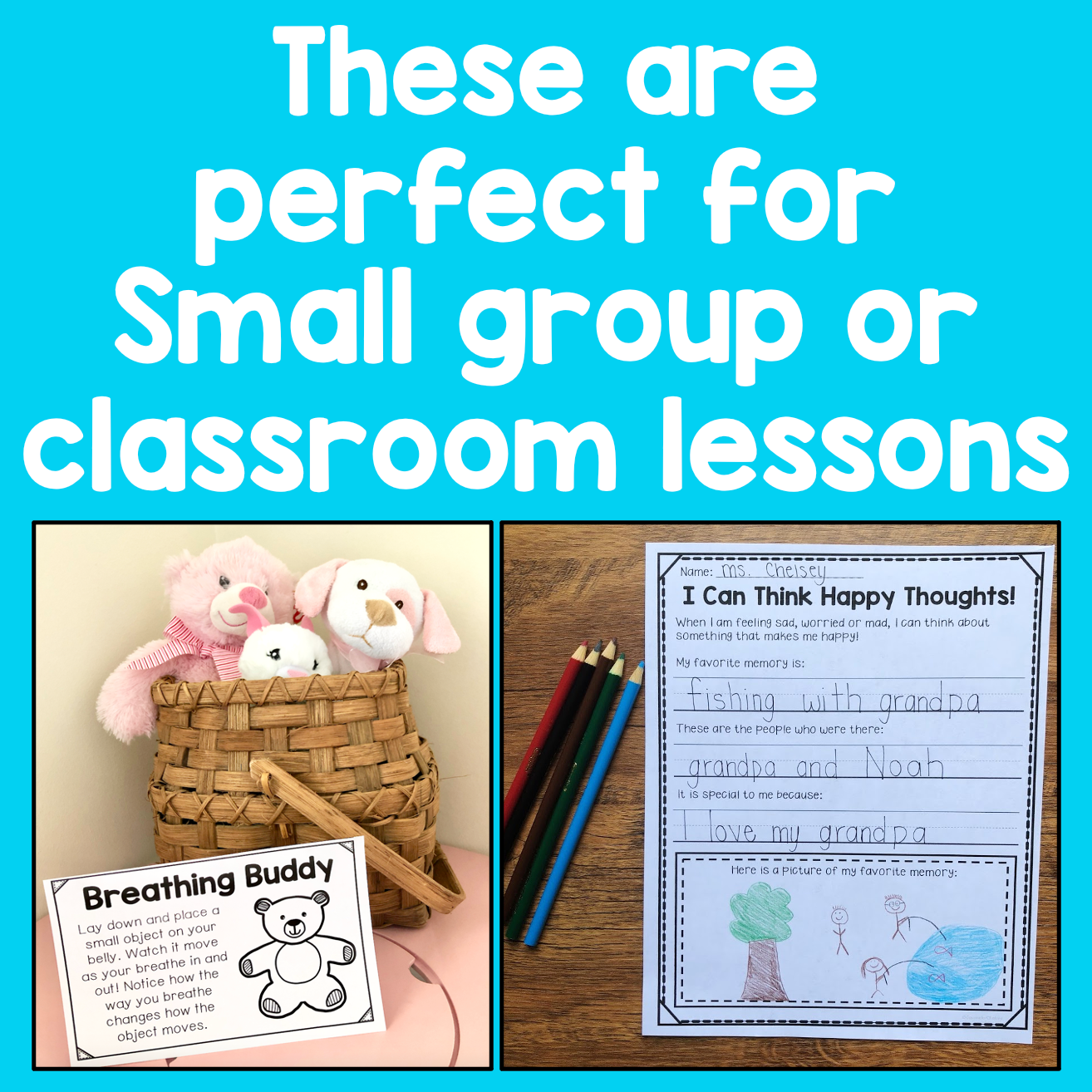 Educational materials including teddy bears, a basket, and printed worksheets on a blue background.