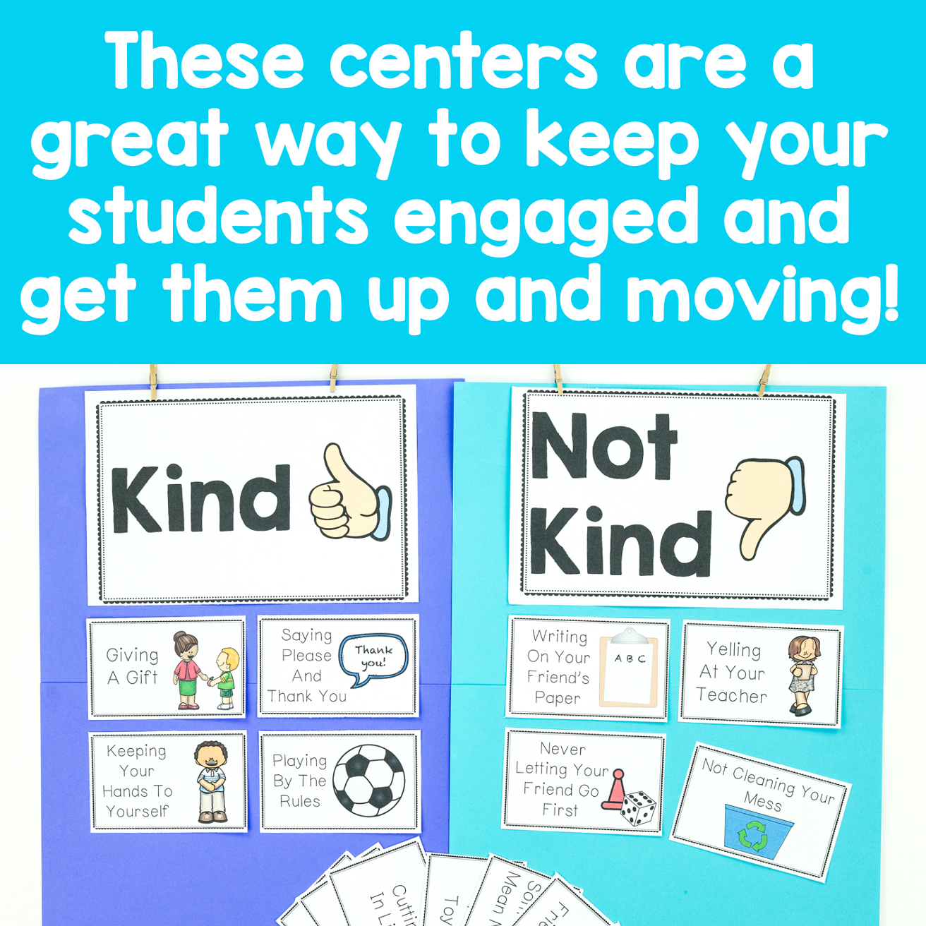 Educational posters on kindness and discourtesy with text on a blue background