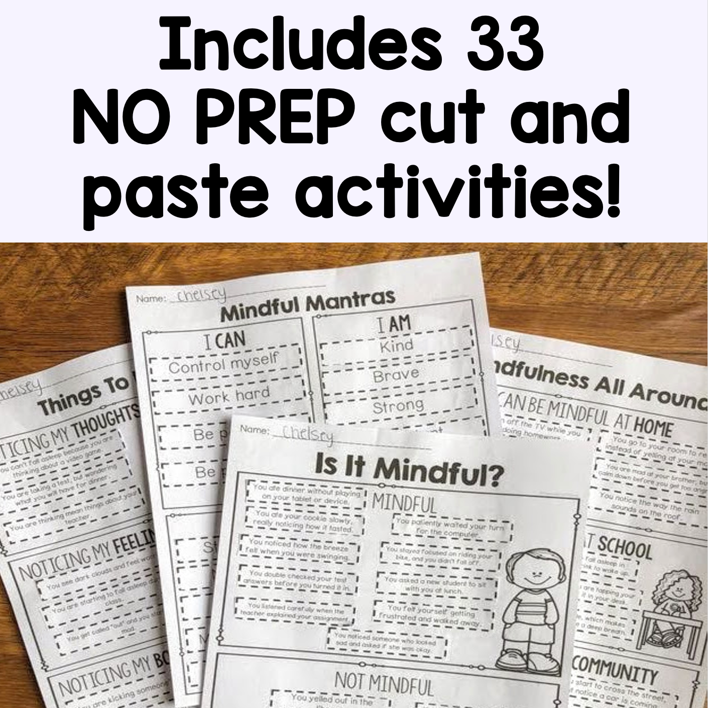 Educational worksheets on a wooden surface with text about no-prep activities.
