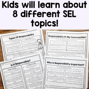 Educational worksheets on responsibility with text overlay on a wooden surface