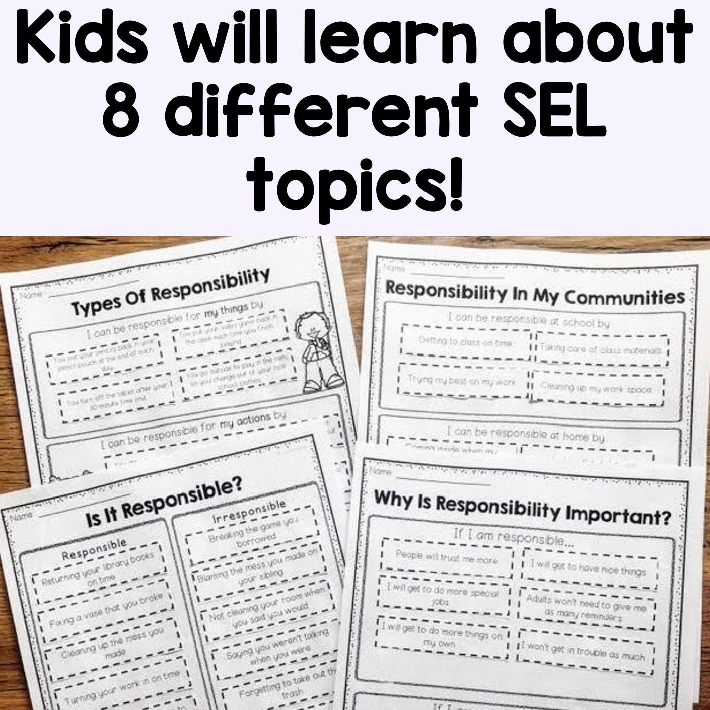 Educational worksheets on responsibility with text overlay on a wooden surface