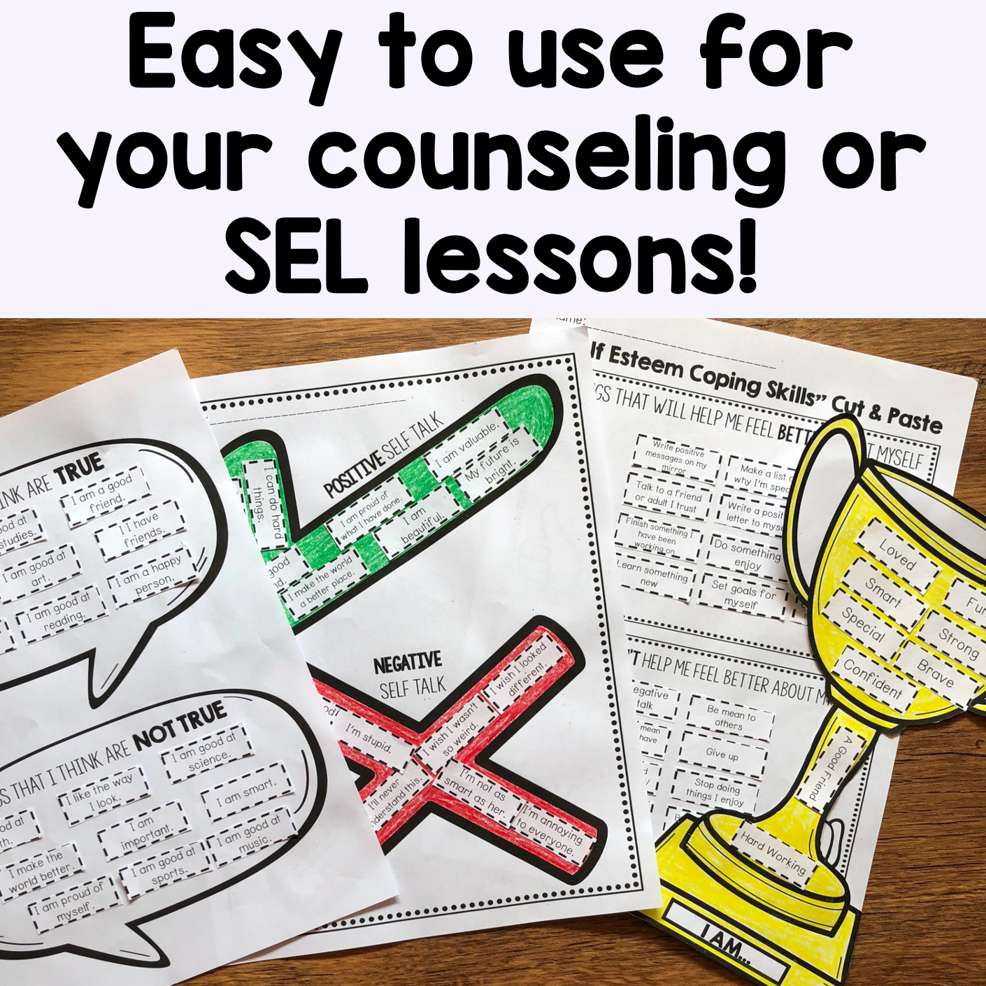 Educational materials for counseling or SEL lessons on a wooden surface with text overlay.