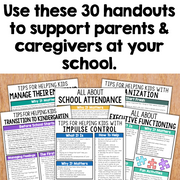 Collection of educational handouts on a wooden surface with text encouraging their use for parents and caregivers.