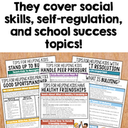 Educational posters on a wooden surface covering social skills, self-regulation, and school success topics.
