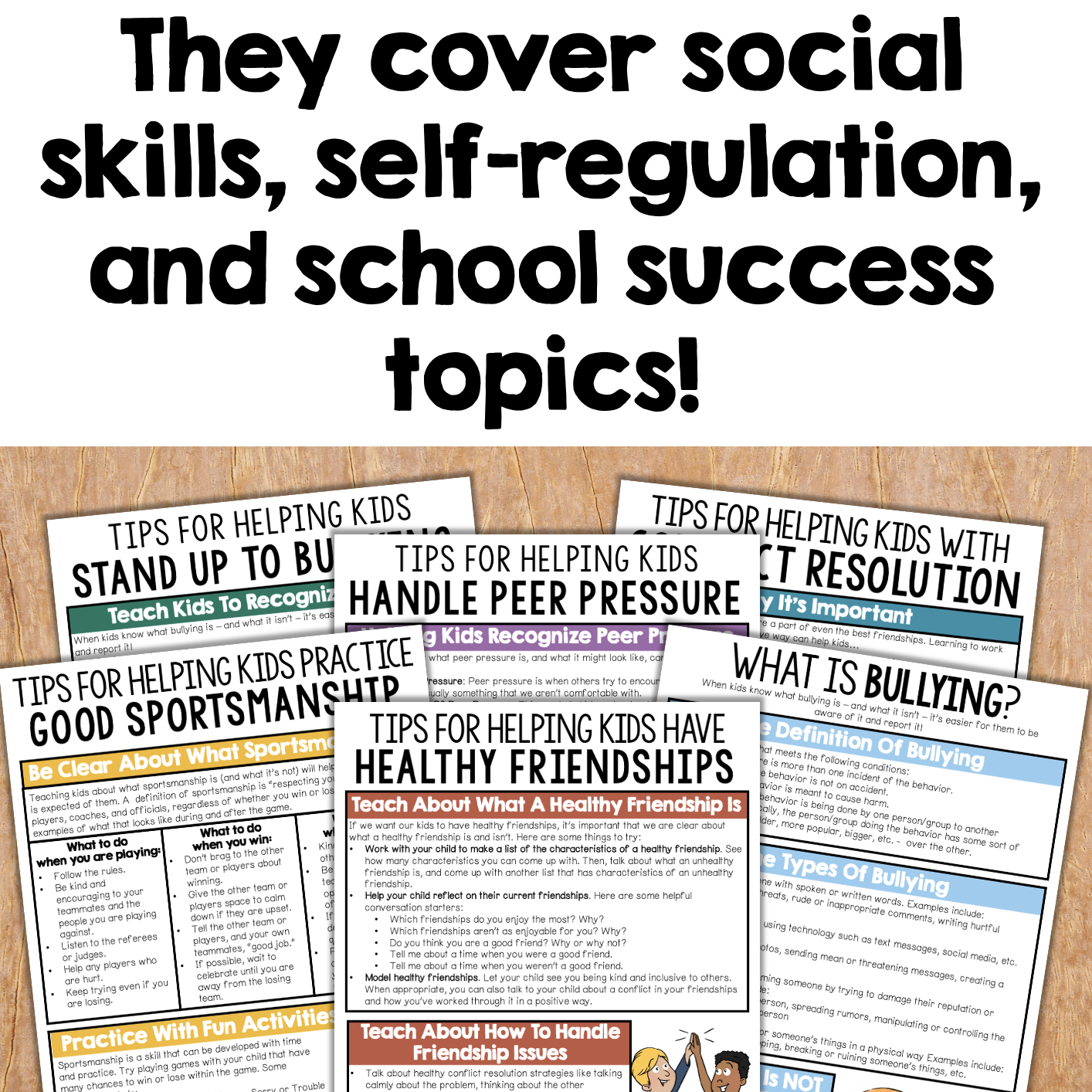 Educational posters on a wooden surface covering social skills, self-regulation, and school success topics.