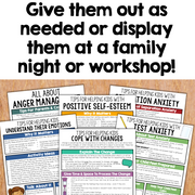 Collection of educational posters on a wooden surface with text advice for parents and children.
