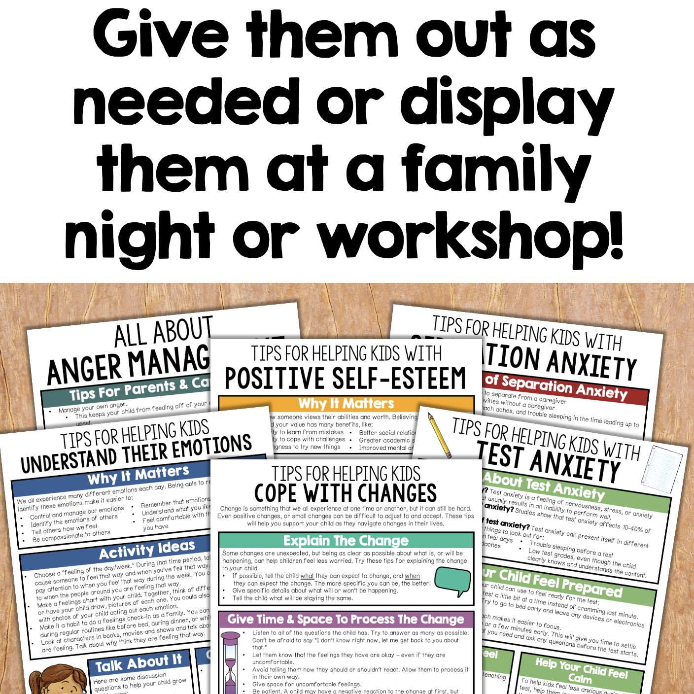 Collection of educational posters on a wooden surface with text advice for parents and children.