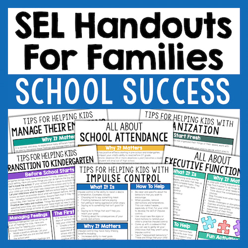Collection of SEL handouts for families with a blue border and white background.
