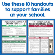 Handouts for supporting families at school with tips on growth mindset, transitioning to middle school, and managing feelings.